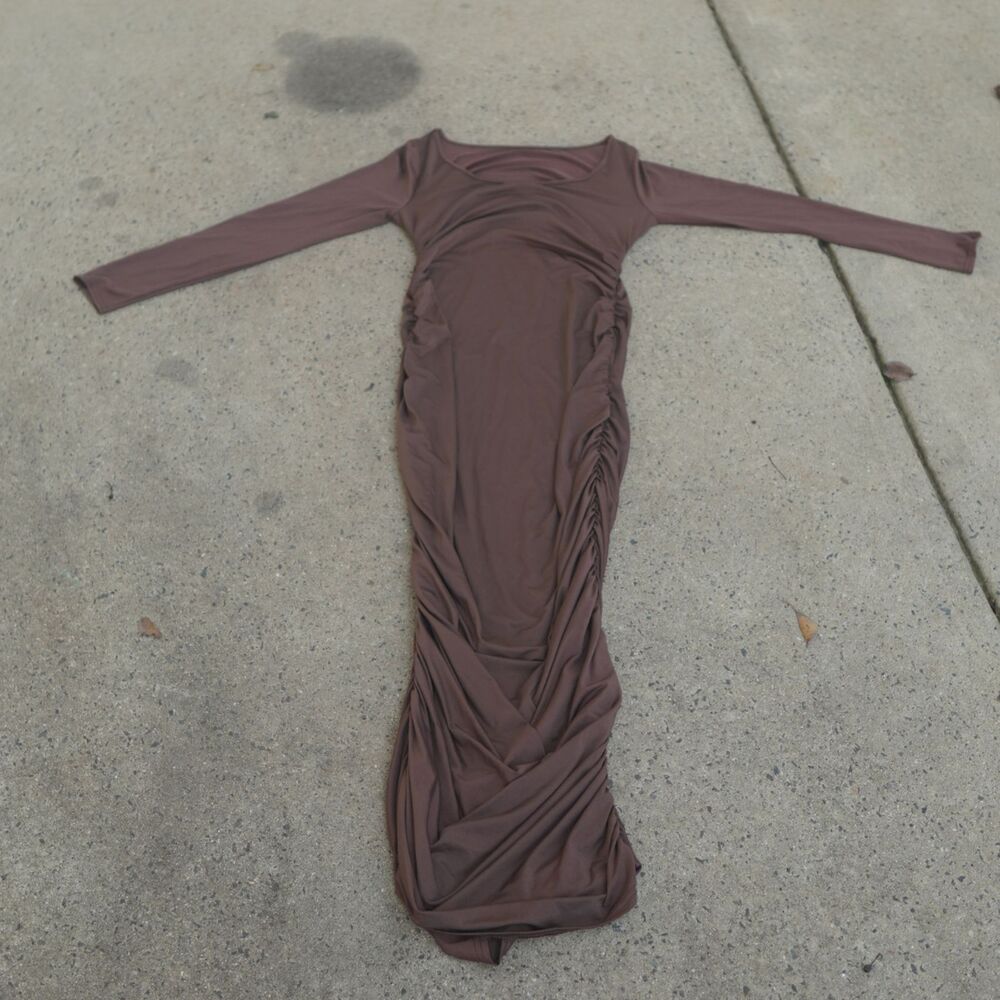 Brown Ruched Maxi Dress XL Long Sleeve Bodycon Earthy Whimsigoth Goblincore